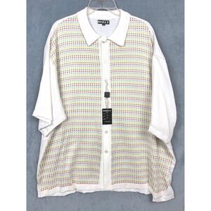 Inserch Mens 4XL Off White Rainbow Grid Knit Button Up Short Sleeve Shirt NWT